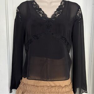 Moda‎ International Silk Sheer Black Lace Top Long Sleeve VS